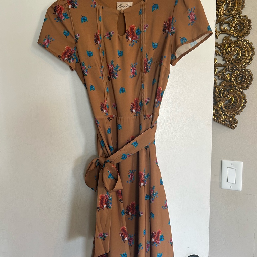 Lindy Bop Tan Dress with Squirrel Print